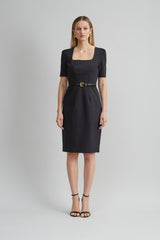 Short Sleeve Square Neck Cotton Dress | Elie Tahari BLACK