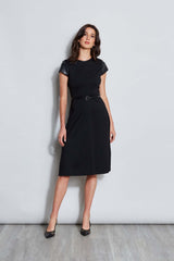 Vegan Leather Short Sleeve Belted Knit Dress | Elie Tahari BLACK