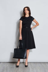 Vegan Leather Short Sleeve Belted Knit Dress | Elie Tahari BLACK