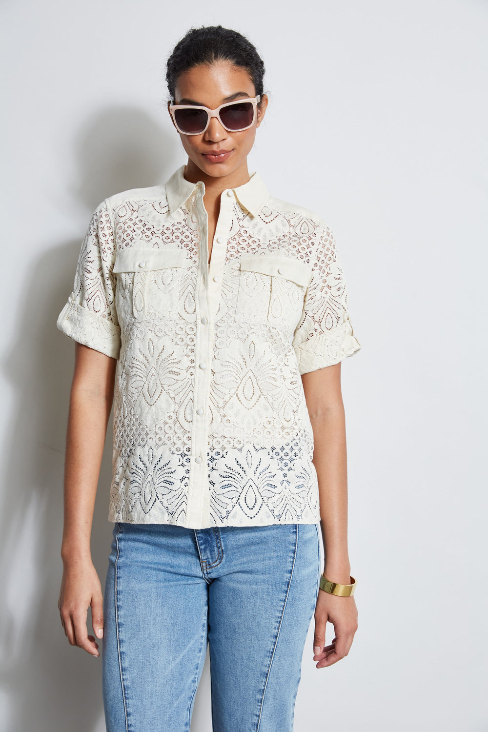 Short Sleeve Lace Utility Shirt | Elie Tahari SAND