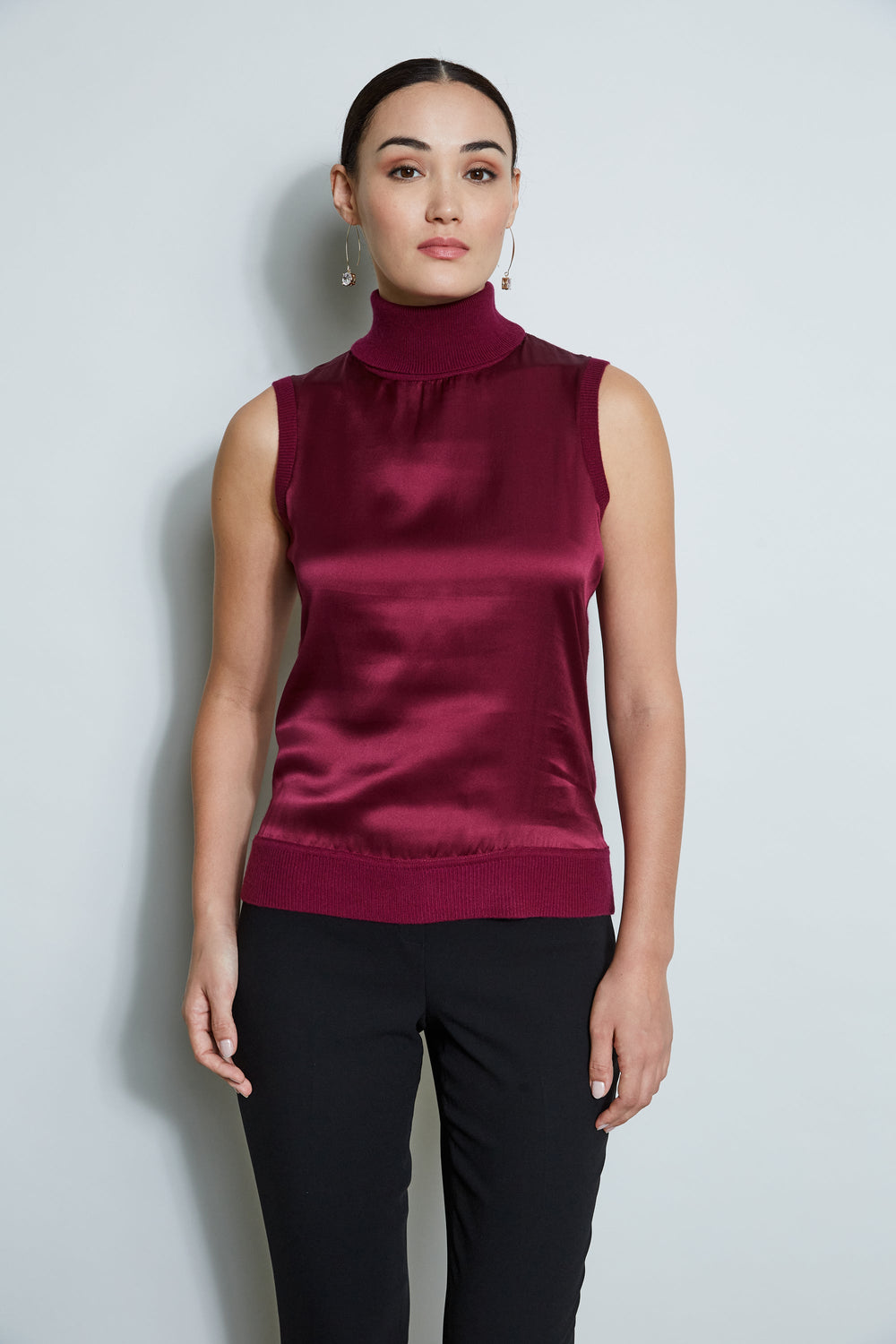 Sleeveless Satin Front Sweater | Elie Tahari BORDEAUX