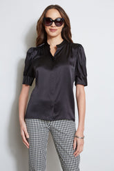 Silk Satin Ruched Sleeve Shirt | Elie Tahari BLACK