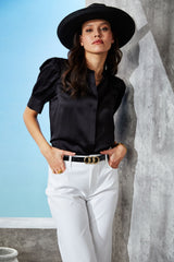 Silk Satin Ruched Sleeve Shirt | Elie Tahari BLACK
