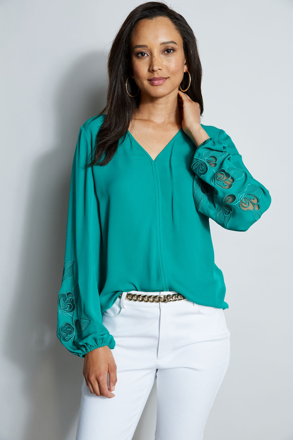 Embroidered Long Sleeve Shirt | Elie Tahari TAHITI GREEN