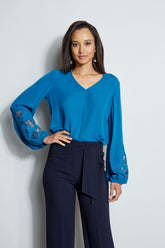 Embroidered Long Sleeve Shirt | Elie Tahari PACIFIC BLUE