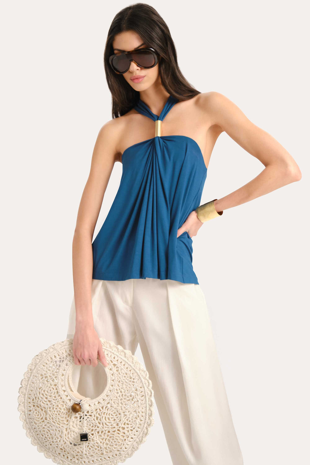 Lila Halterneck Top | Elie Tahari TEAL ECLIPSE