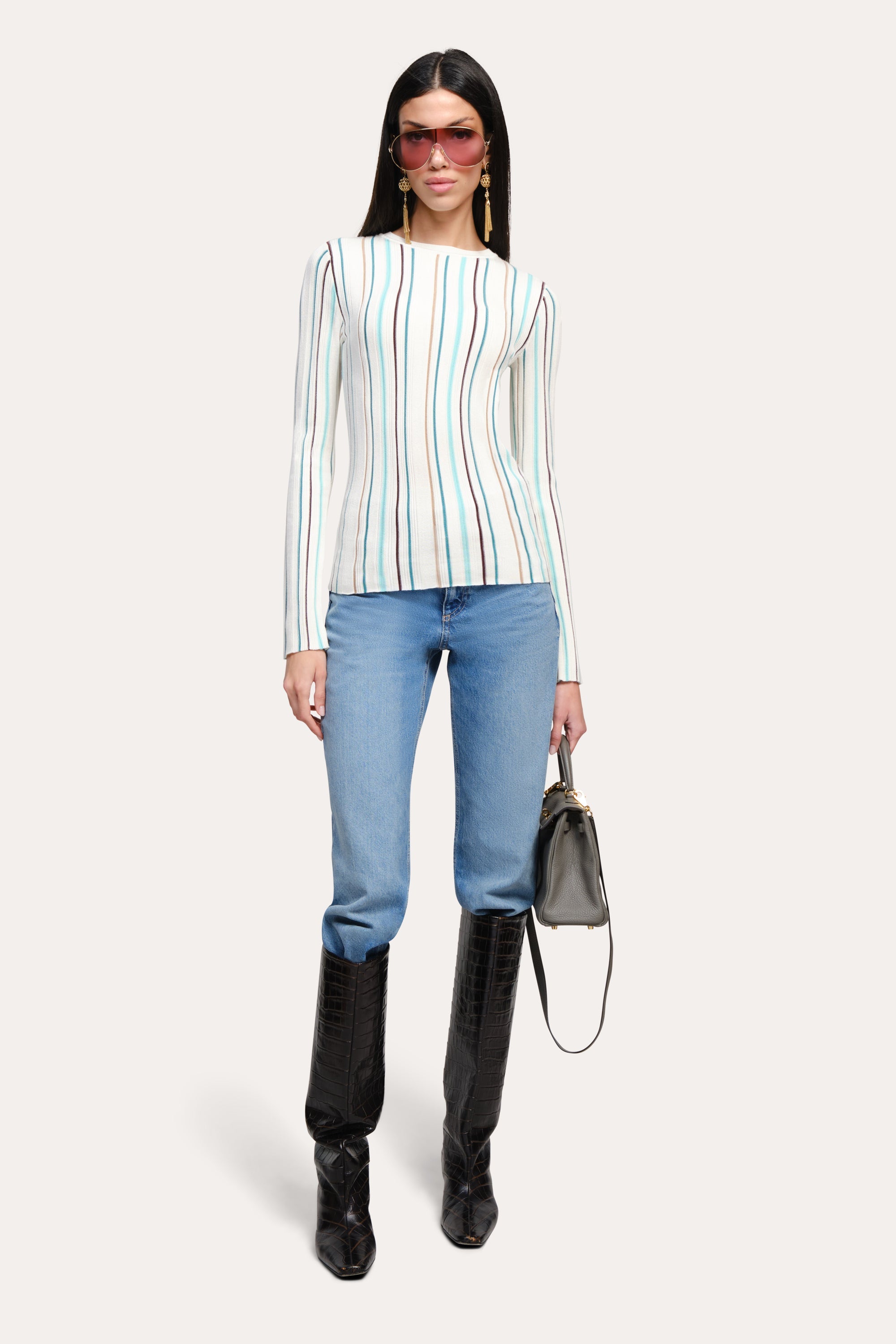 Lucia Silk Wool Top | Elie Tahari AQUA STRIPE
