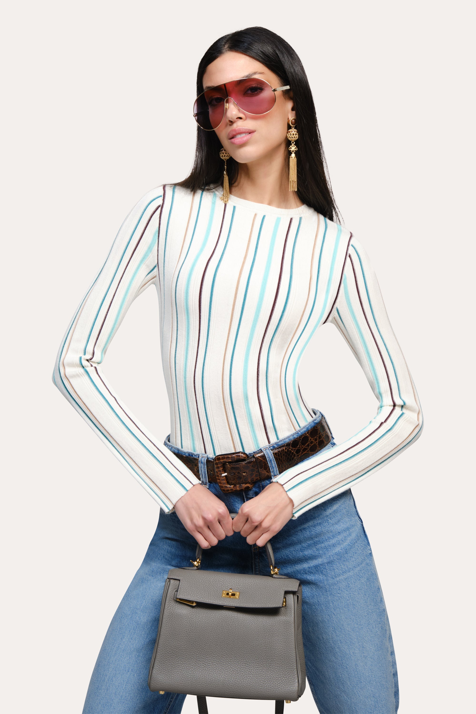 Lucia Silk Wool Top | Elie Tahari AQUA STRIPE