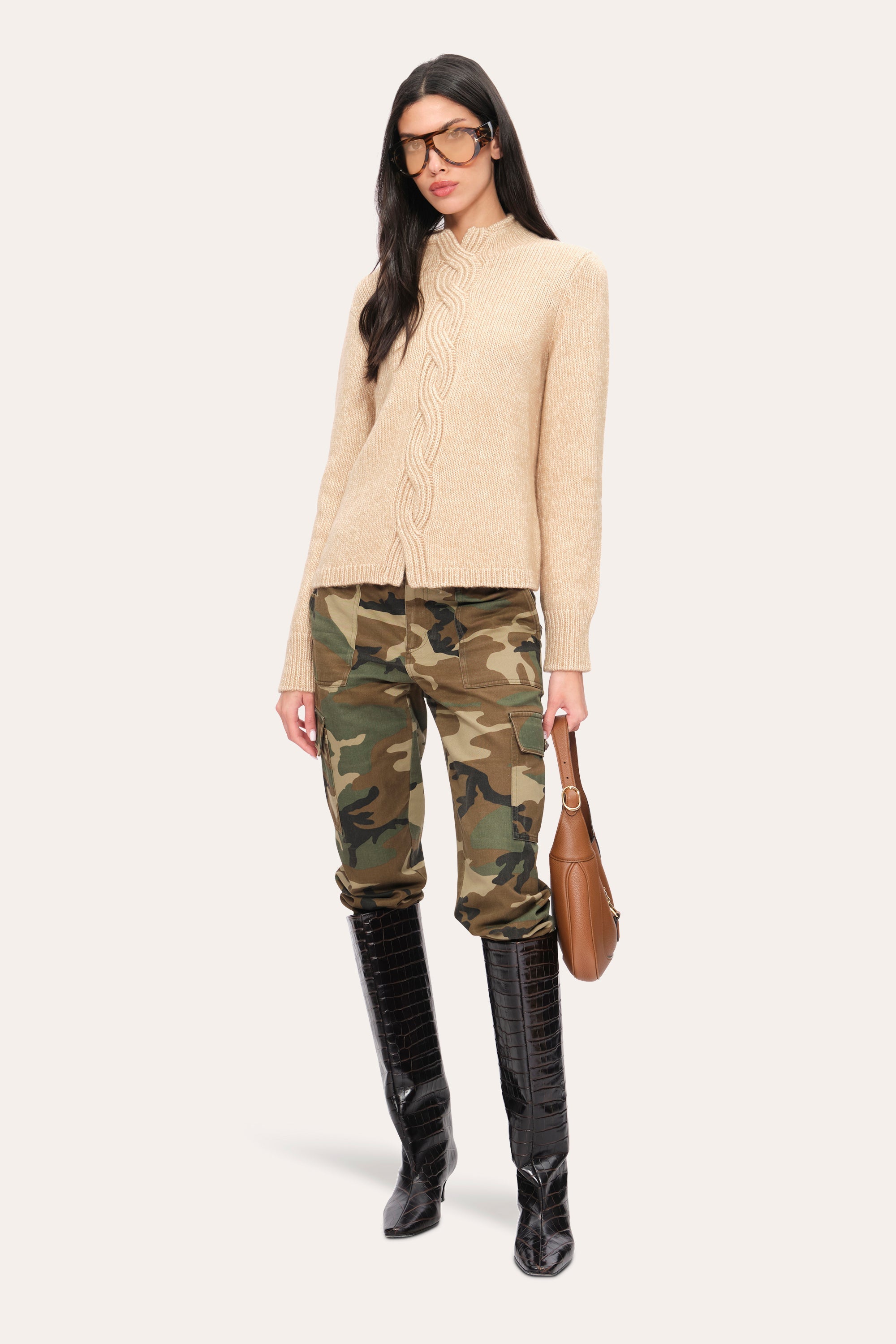 Cable Cotton Wool Sweater | Elie Tahari TOFFEE MELANGE