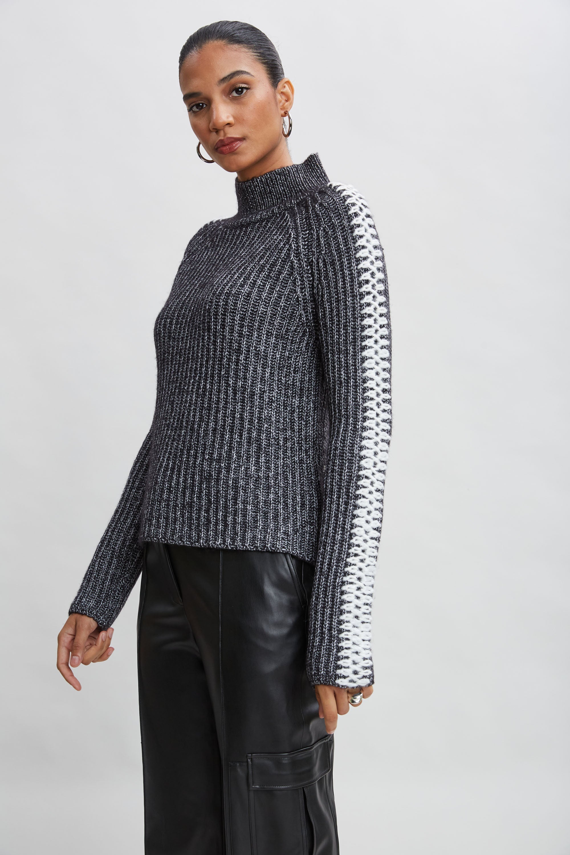 Whipstitch Cotton Wool Sweater | Elie Tahari BLACK MELANGE