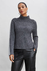 Whipstitch Cotton Wool Sweater | Elie Tahari BLACK MELANGE