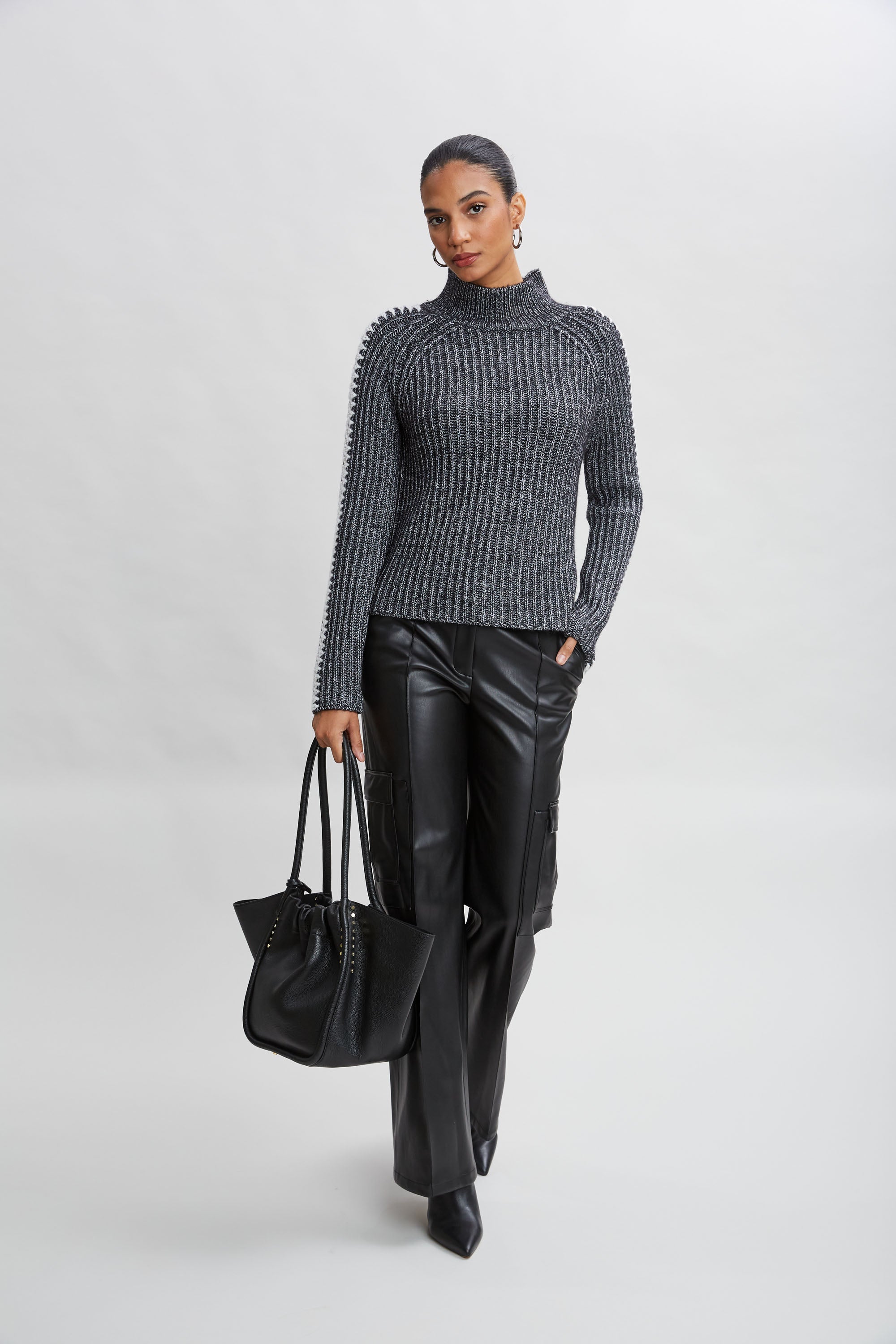 Whipstitch Cotton Wool Sweater | Elie Tahari BLACK MELANGE