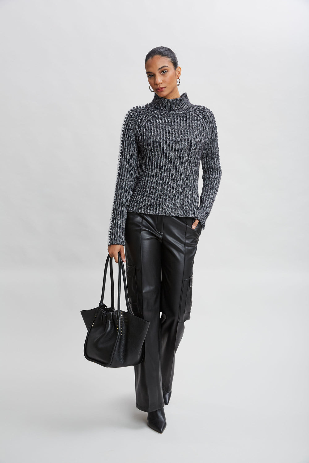 Whipstitch Cotton Wool Sweater | Elie Tahari BLACK MELANGE