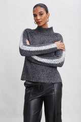Whipstitch Cotton Wool Sweater | Elie Tahari BLACK MELANGE