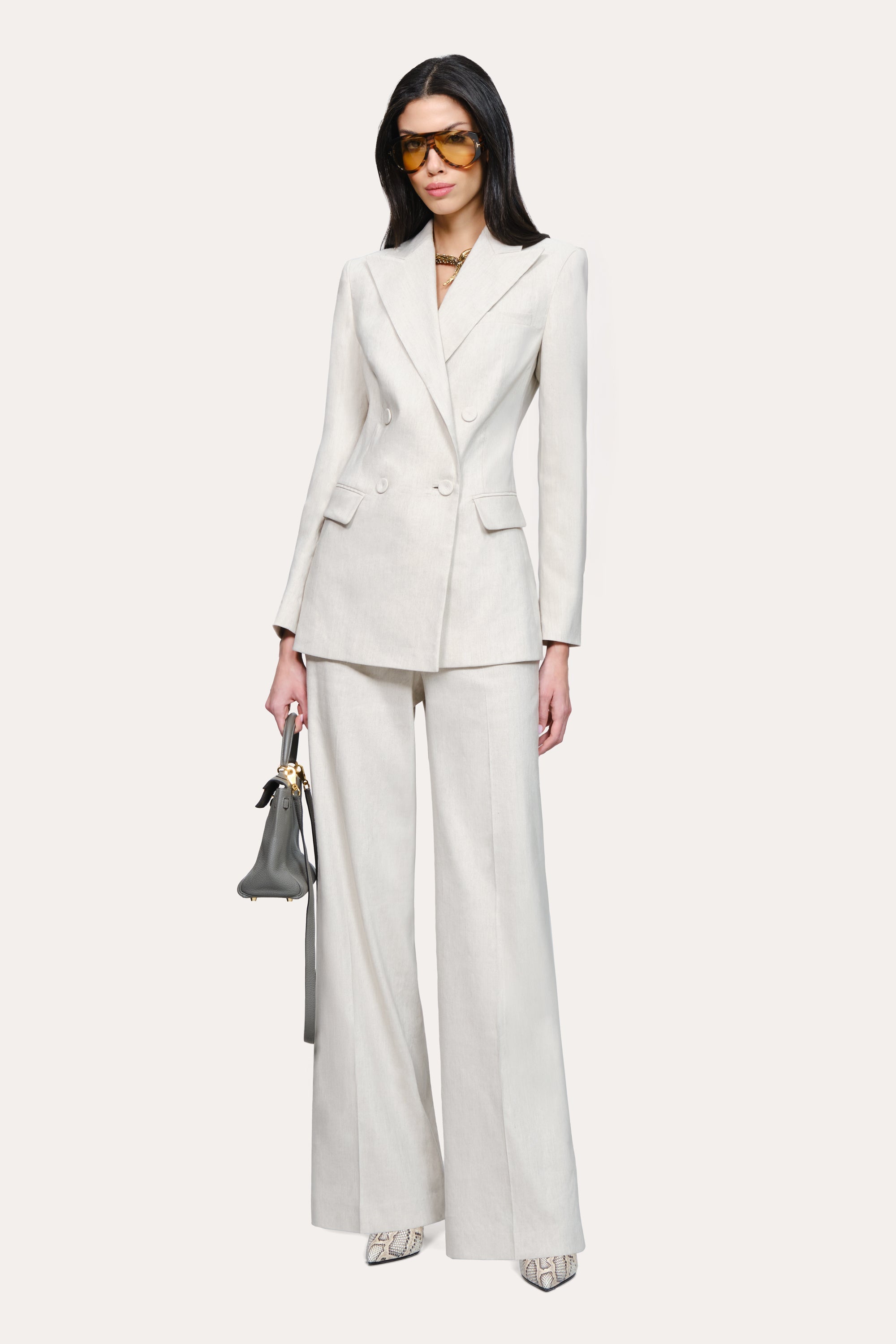 Solenne Double Breasted Linen Blazer | Elie Tahari PUTTY MELANGE