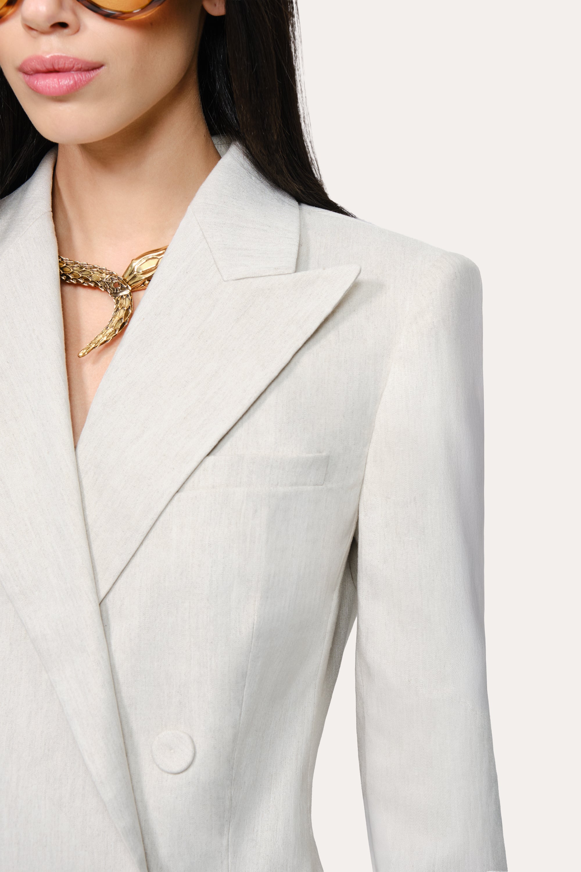Solenne Double Breasted Linen Blazer | Elie Tahari PUTTY MELANGE