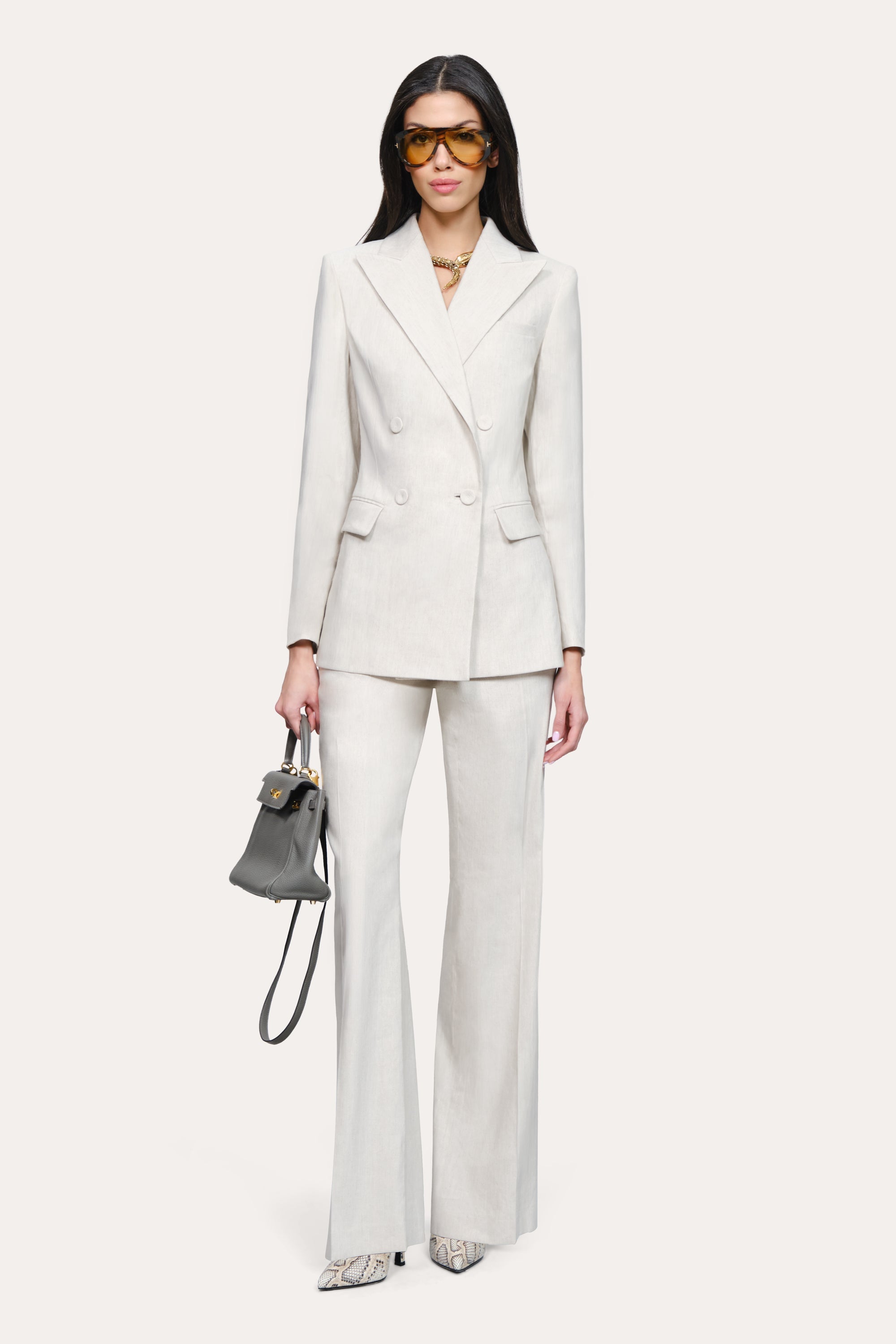 Solenne Double Breasted Linen Blazer | Elie Tahari PUTTY MELANGE