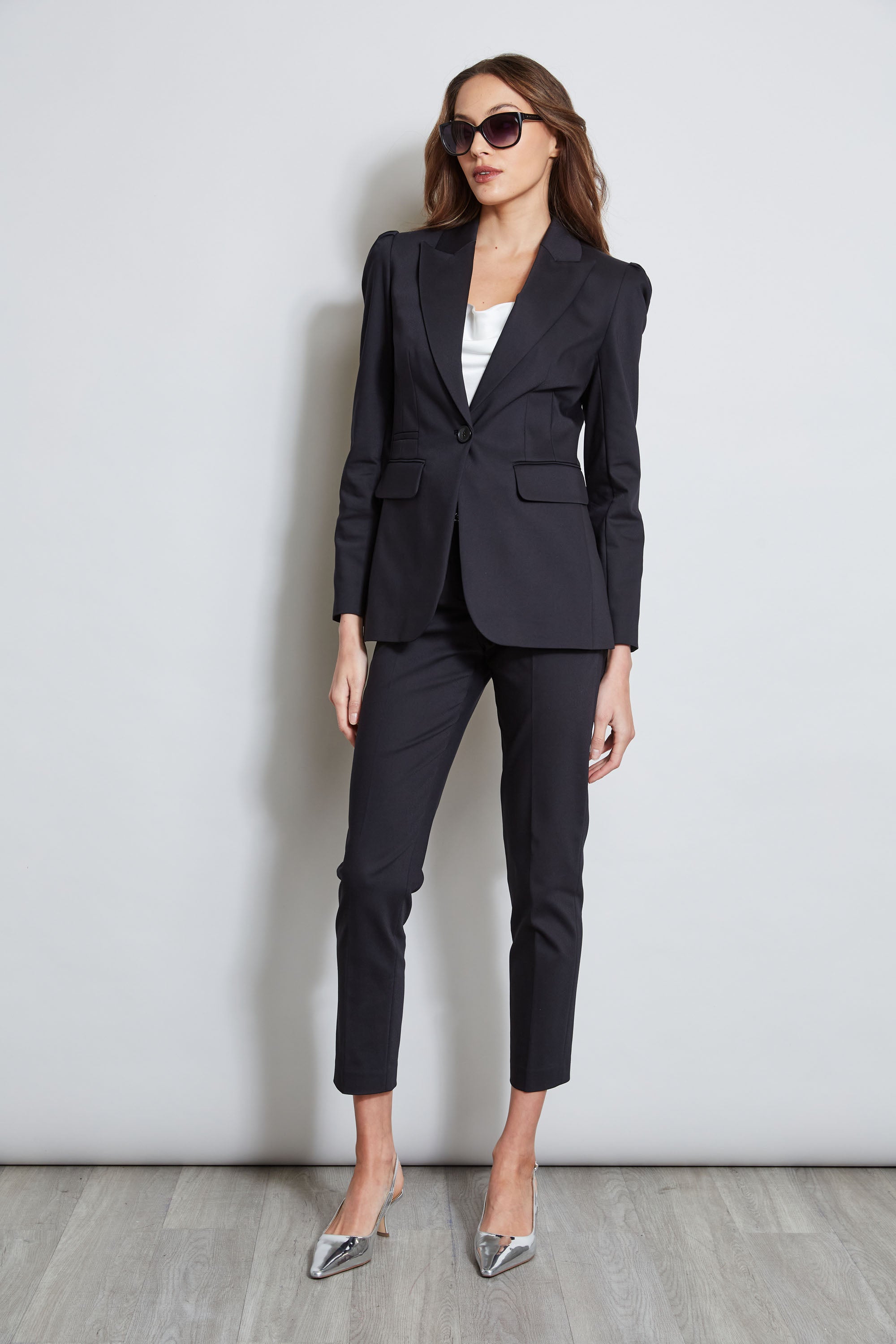 Pleat Shoulder Cotton Blazer | Elie Tahari BLACK