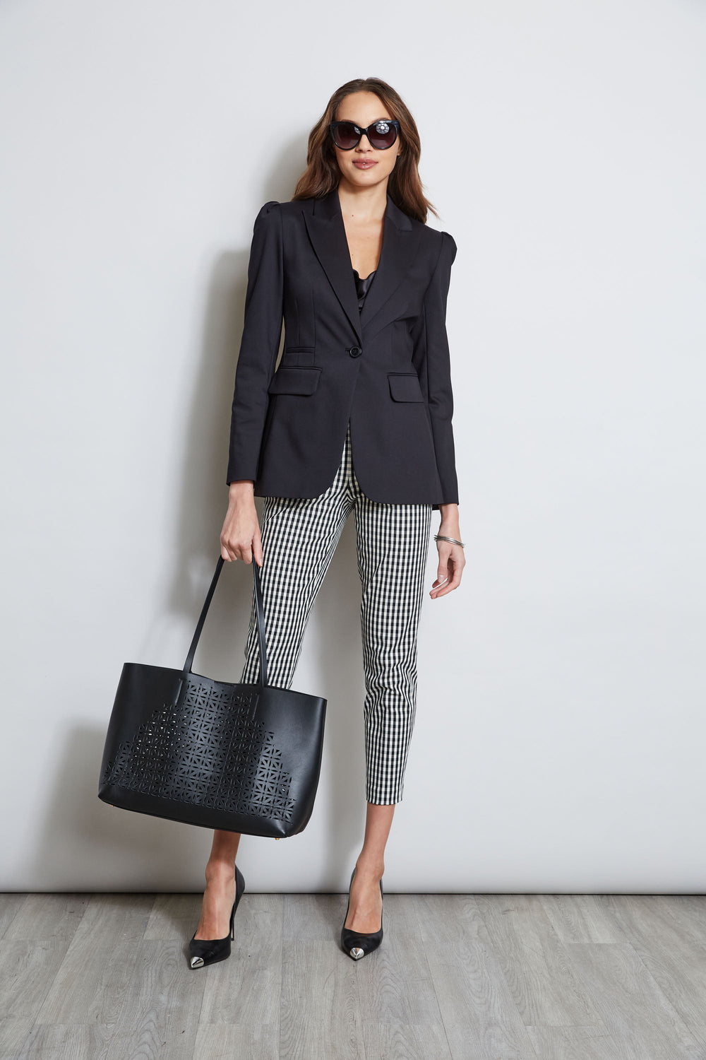 Pleat Shoulder Cotton Blazer | Elie Tahari BLACK
