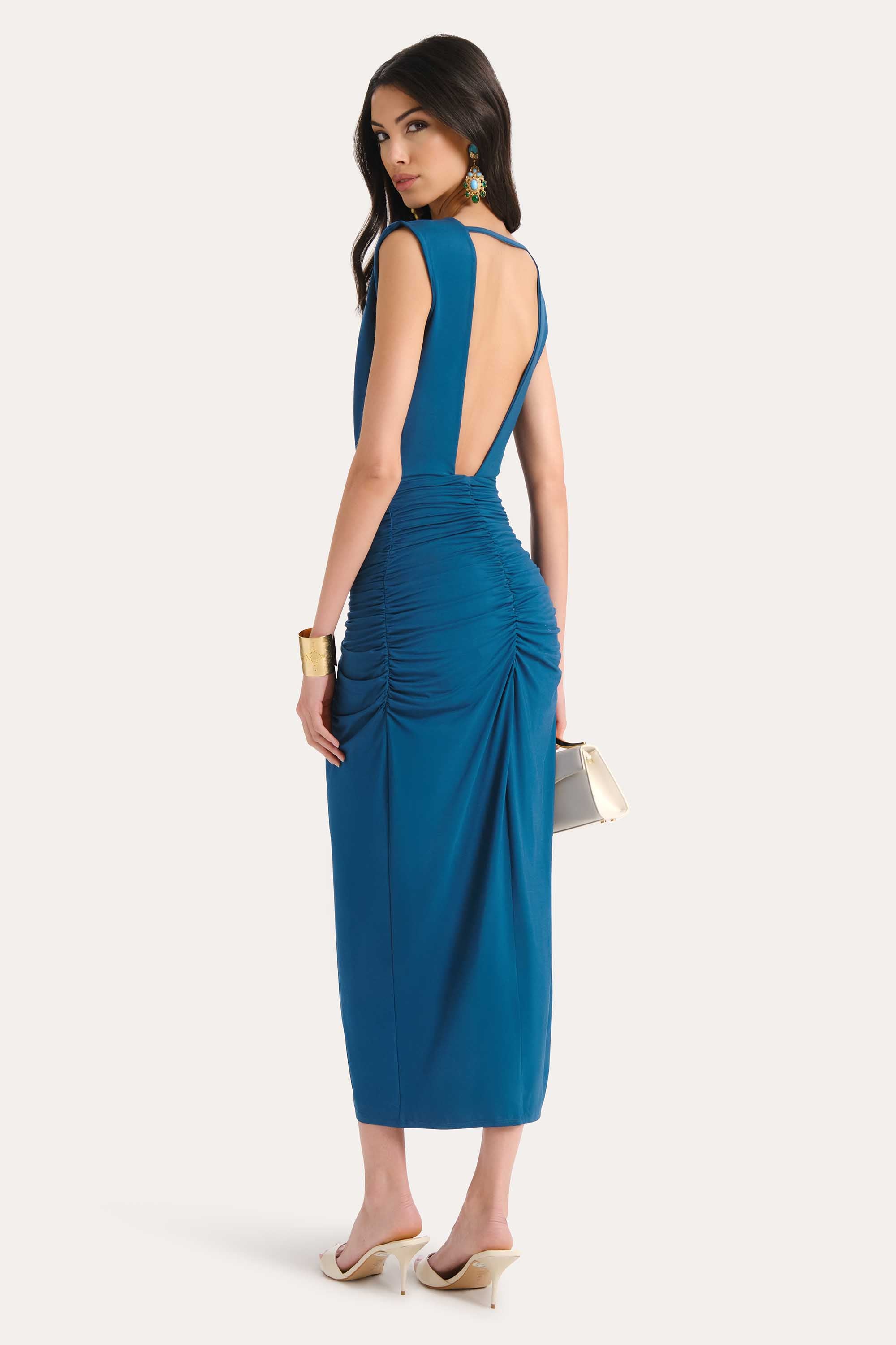 Gwen Ruched Midi Dress | Elie Tahari TEAL ECLIPSE
