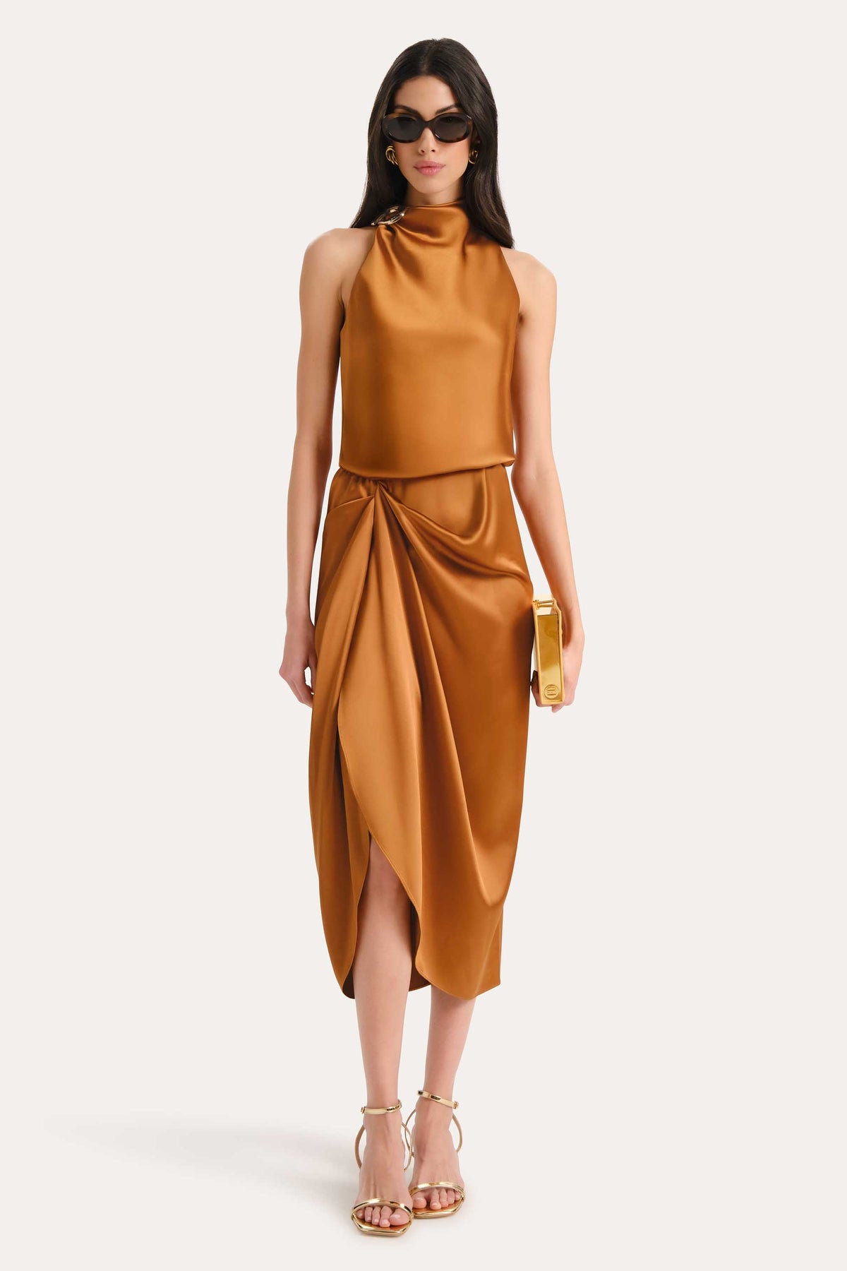 Josephine Draped Halter Dress | Elie Tahari LATTE BRONZE