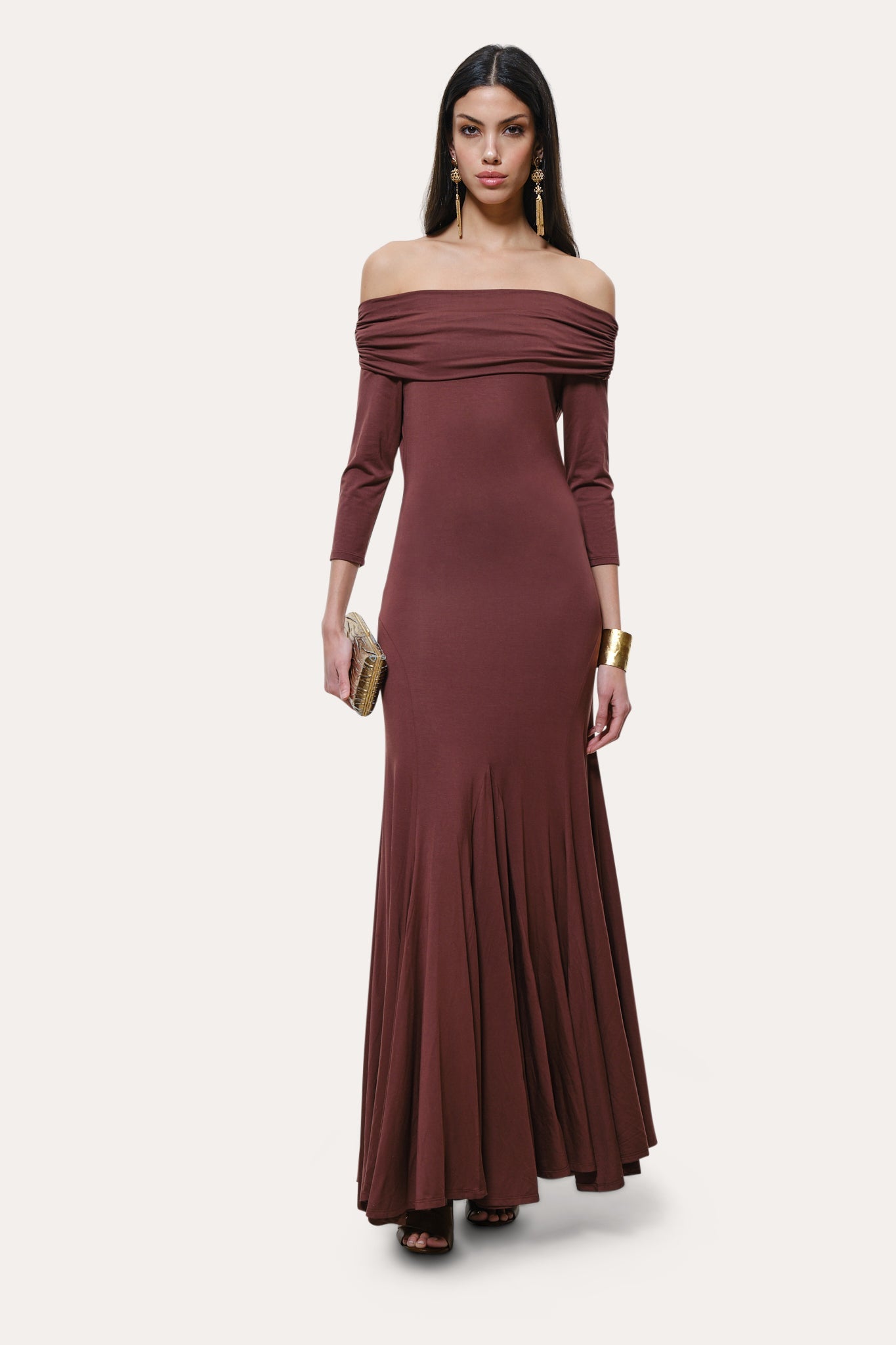 Olympia Off-Shoulder Flare Dress | Elie Tahari PORT WINE