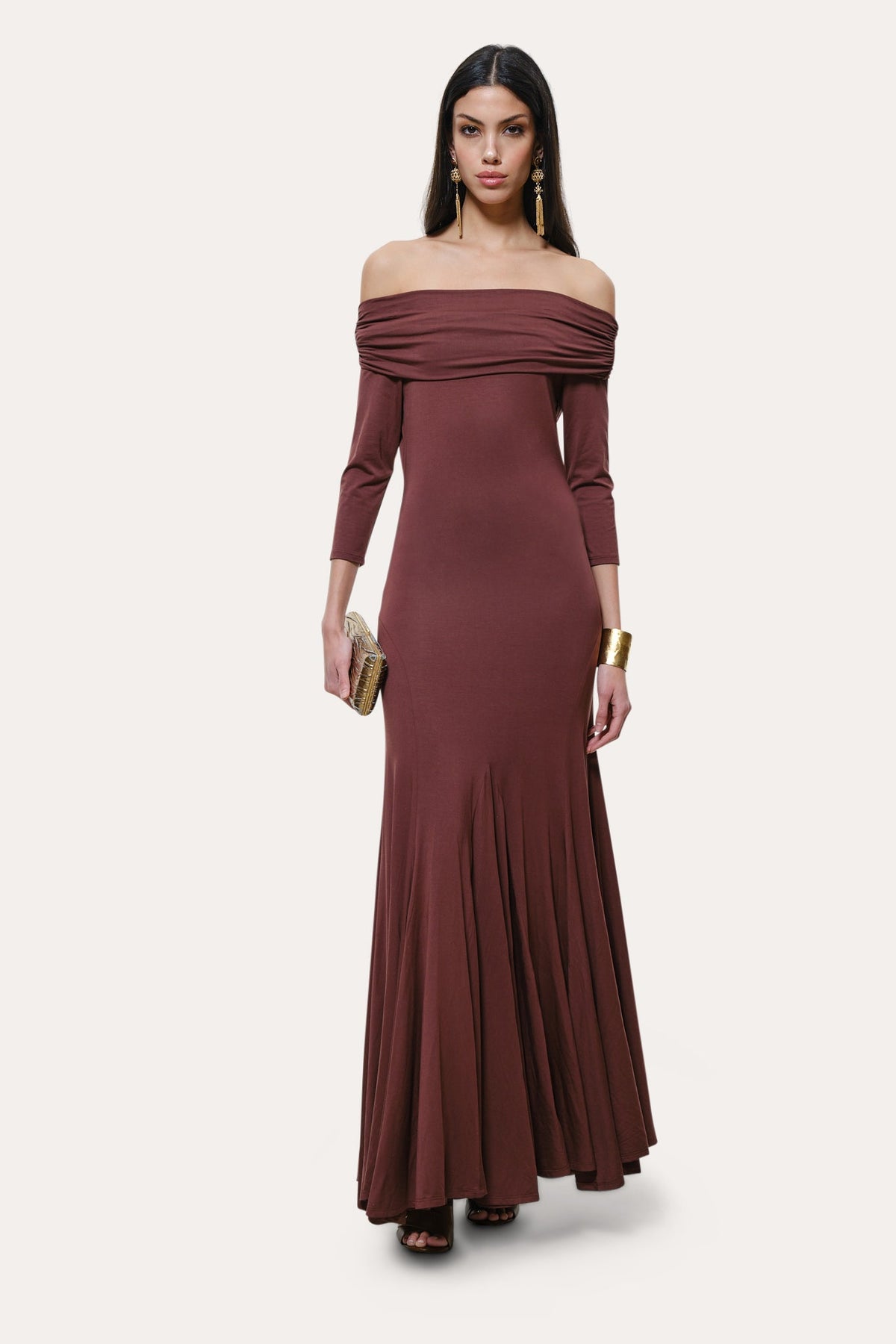 Olympia Off-Shoulder Flare Dress | Elie Tahari PORT WINE