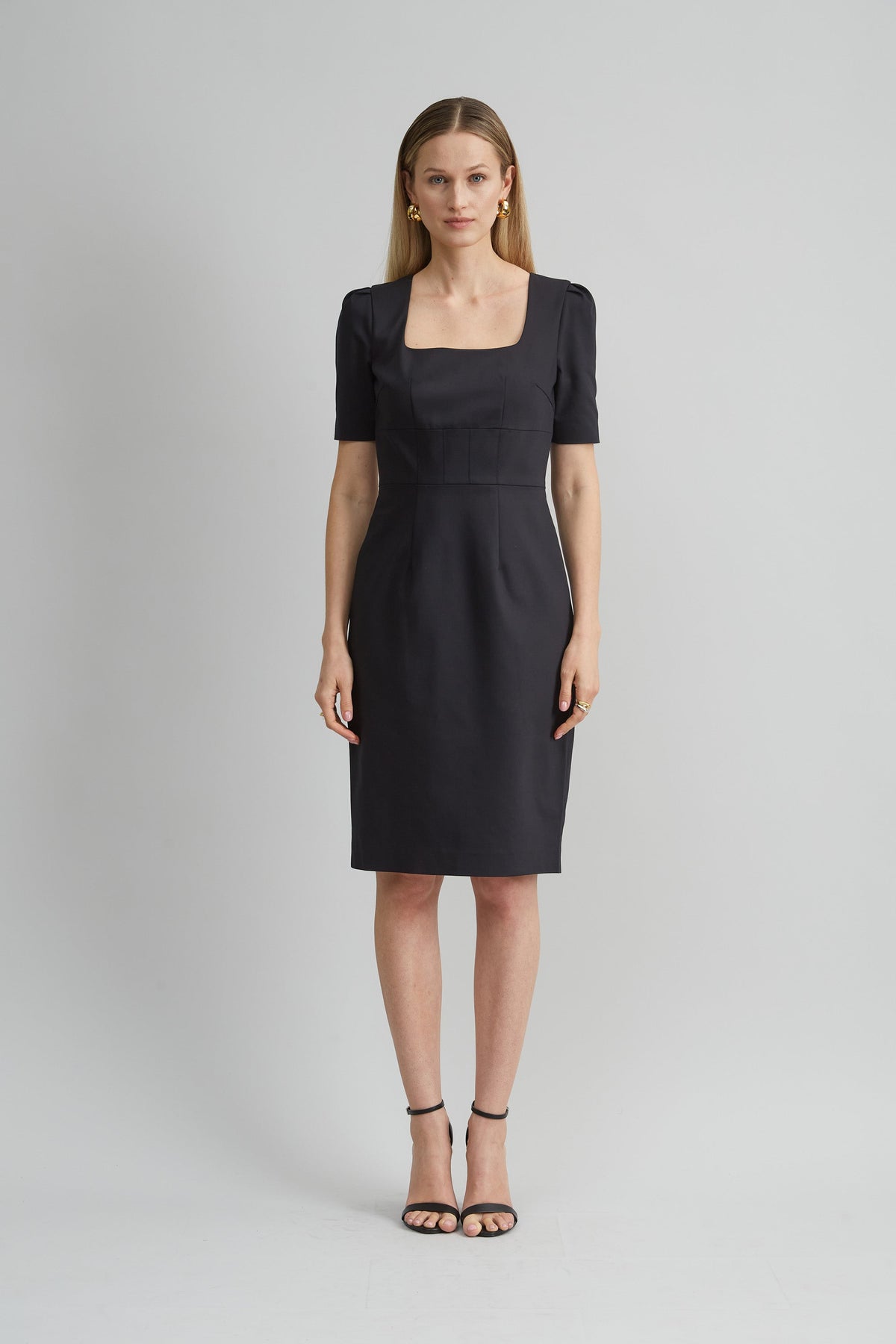 Short Sleeve Square Neck Cotton Dress | Elie Tahari BLACK