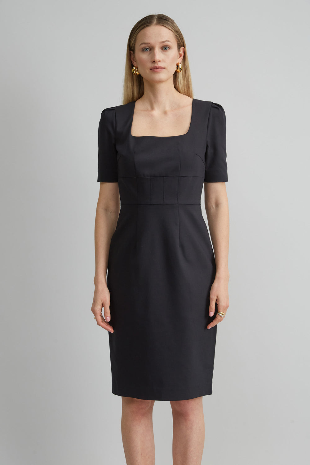 Short Sleeve Square Neck Cotton Dress | Elie Tahari BLACK
