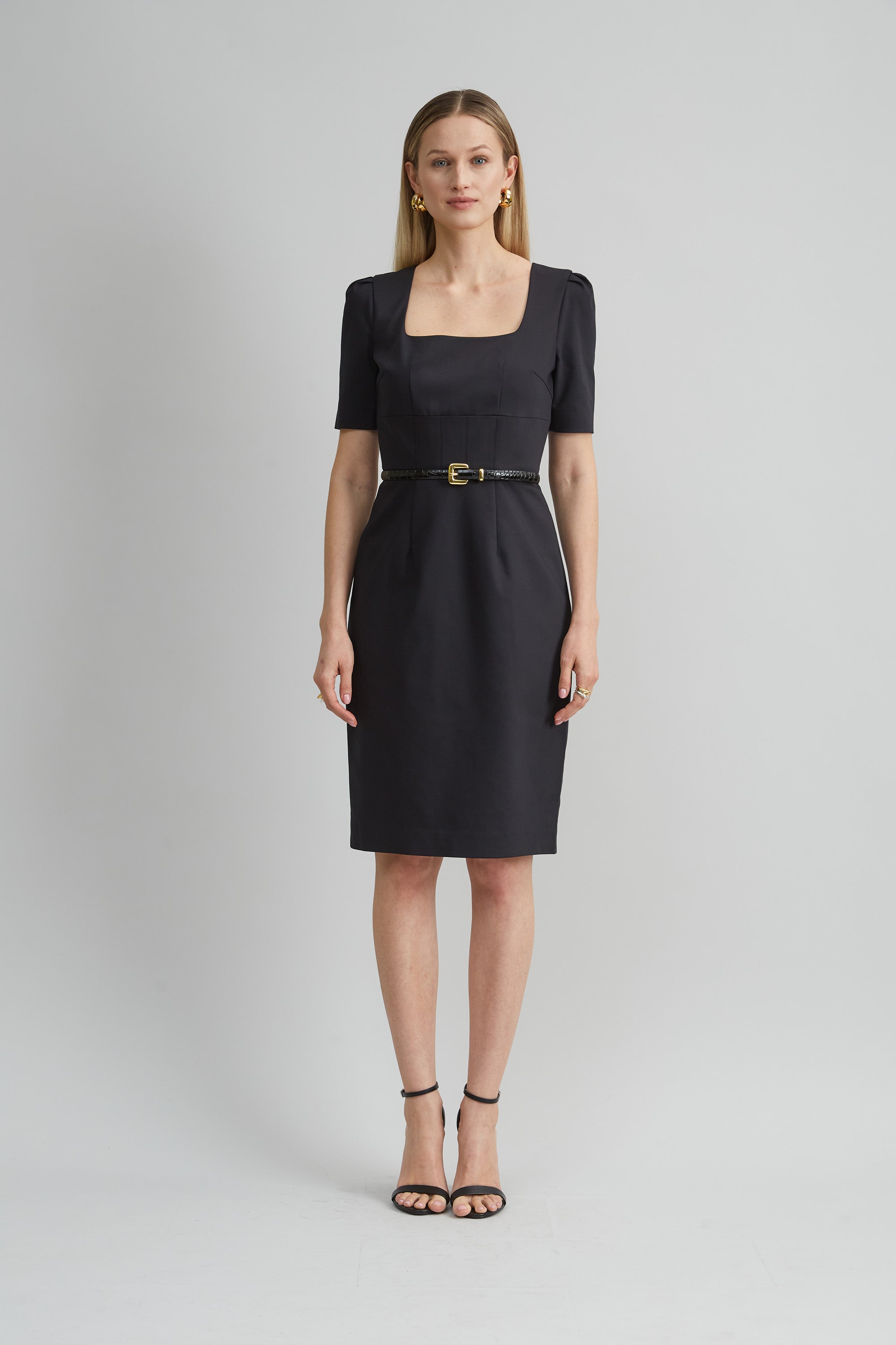 Short Sleeve Square Neck Cotton Dress | Elie Tahari BLACK