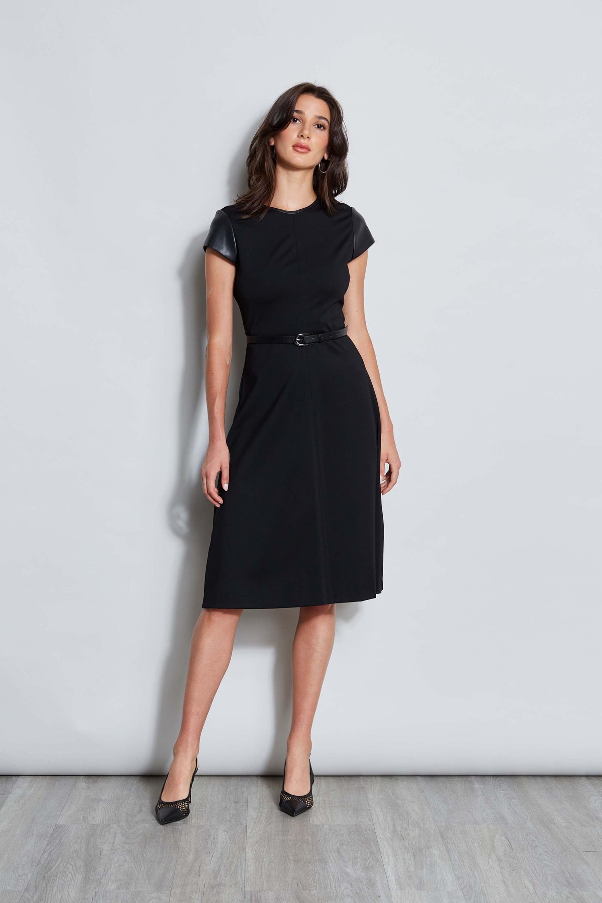 Vegan Leather Short Sleeve Belted Knit Dress | Elie Tahari BLACK