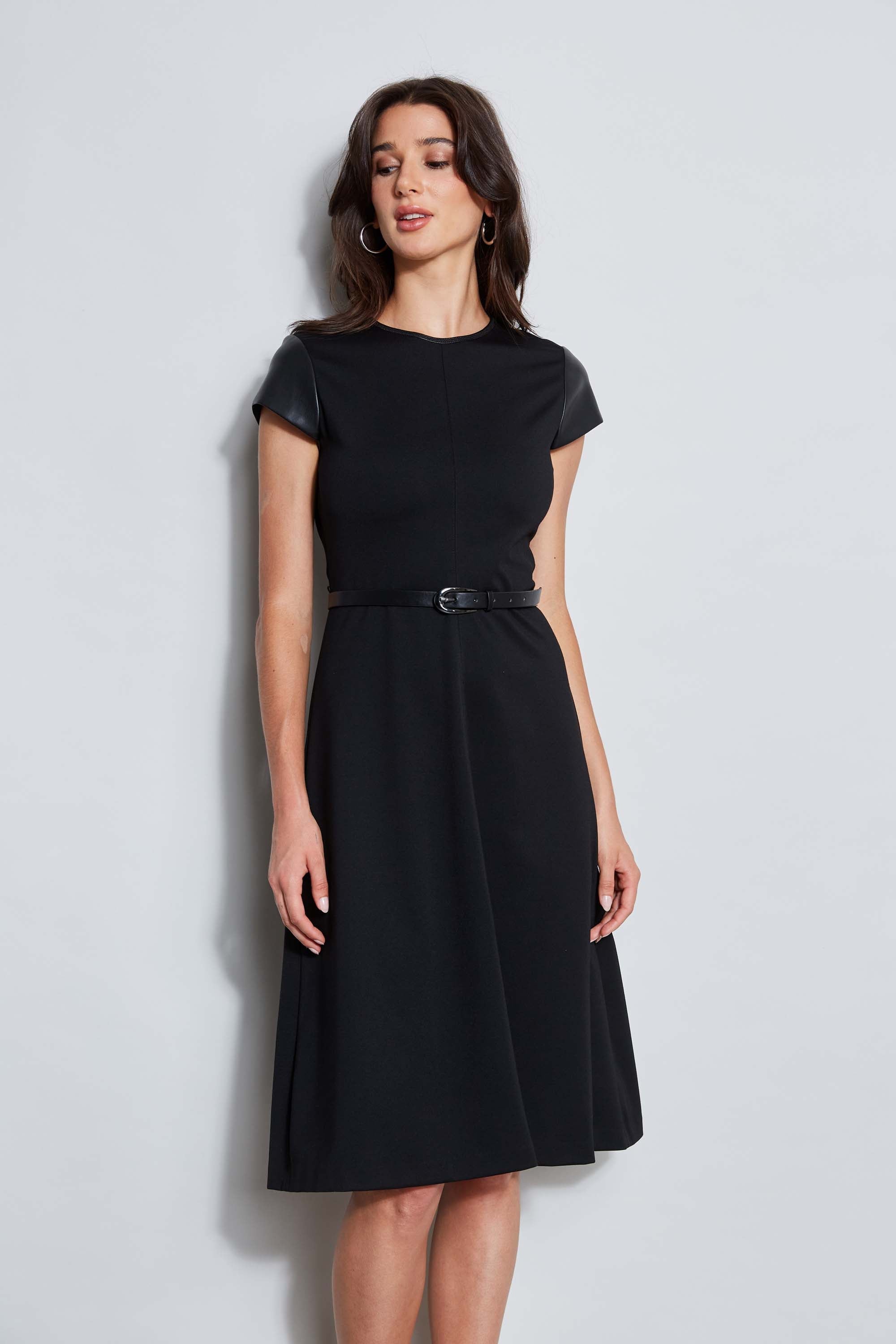 Vegan Leather Short Sleeve Belted Knit Dress | Elie Tahari BLACK