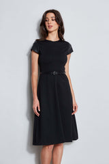 Vegan Leather Short Sleeve Belted Knit Dress | Elie Tahari BLACK