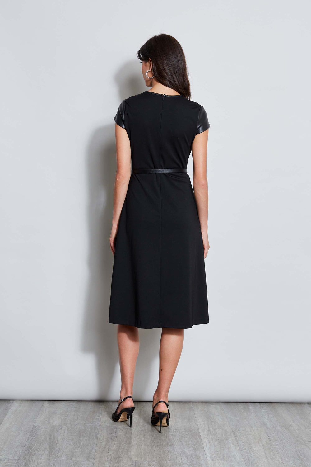 Vegan Leather Short Sleeve Belted Knit Dress | Elie Tahari BLACK