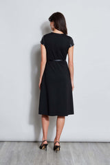 Vegan Leather Short Sleeve Belted Knit Dress | Elie Tahari BLACK