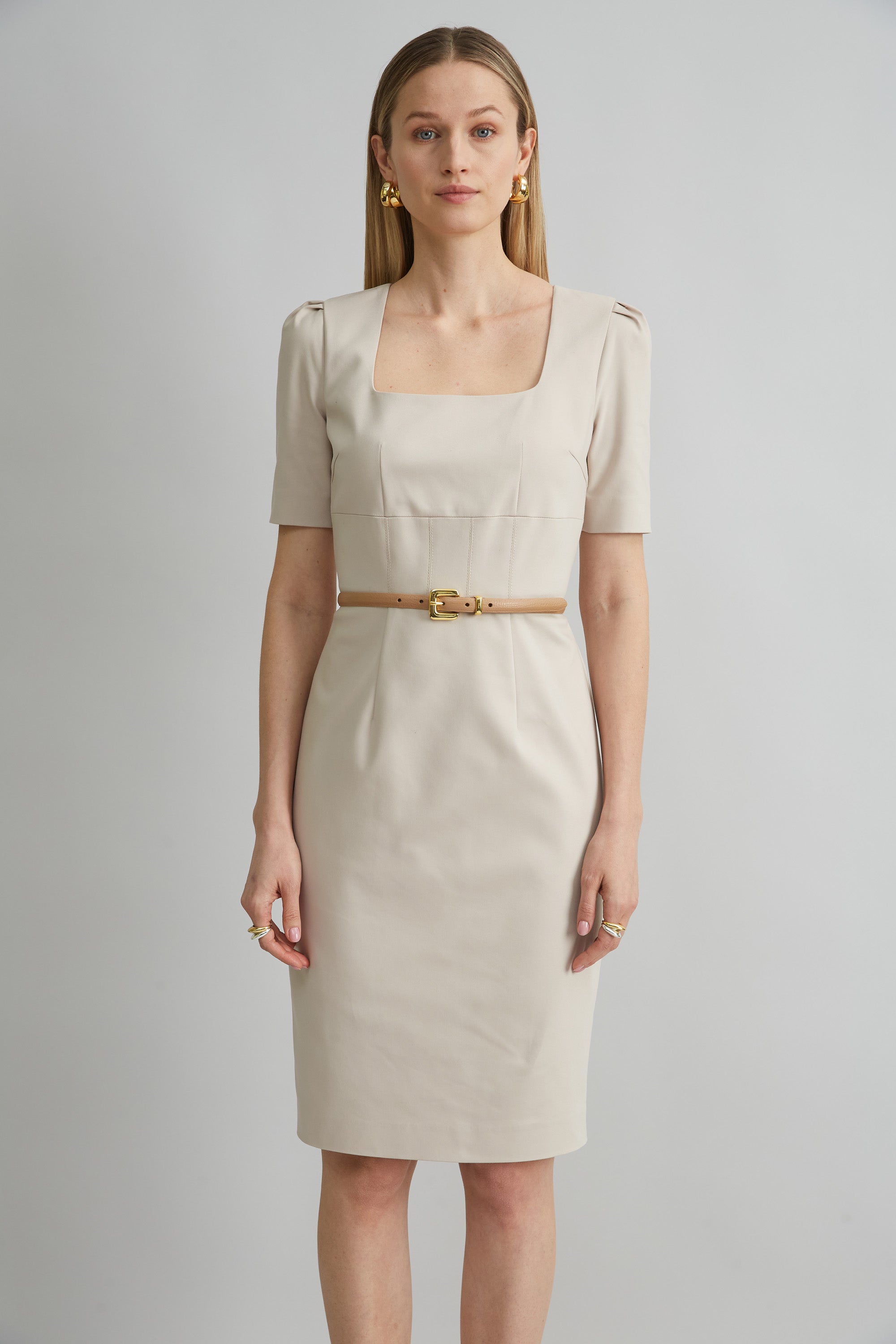 Short Sleeve Square Neck Cotton Dress | Elie Tahari DRIFTWOOD