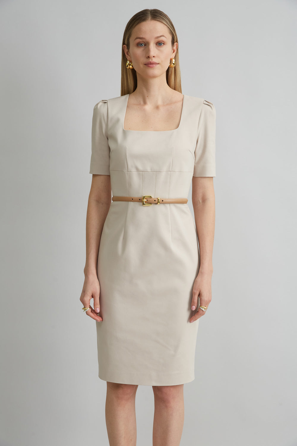 Short Sleeve Square Neck Cotton Dress | Elie Tahari DRIFTWOOD
