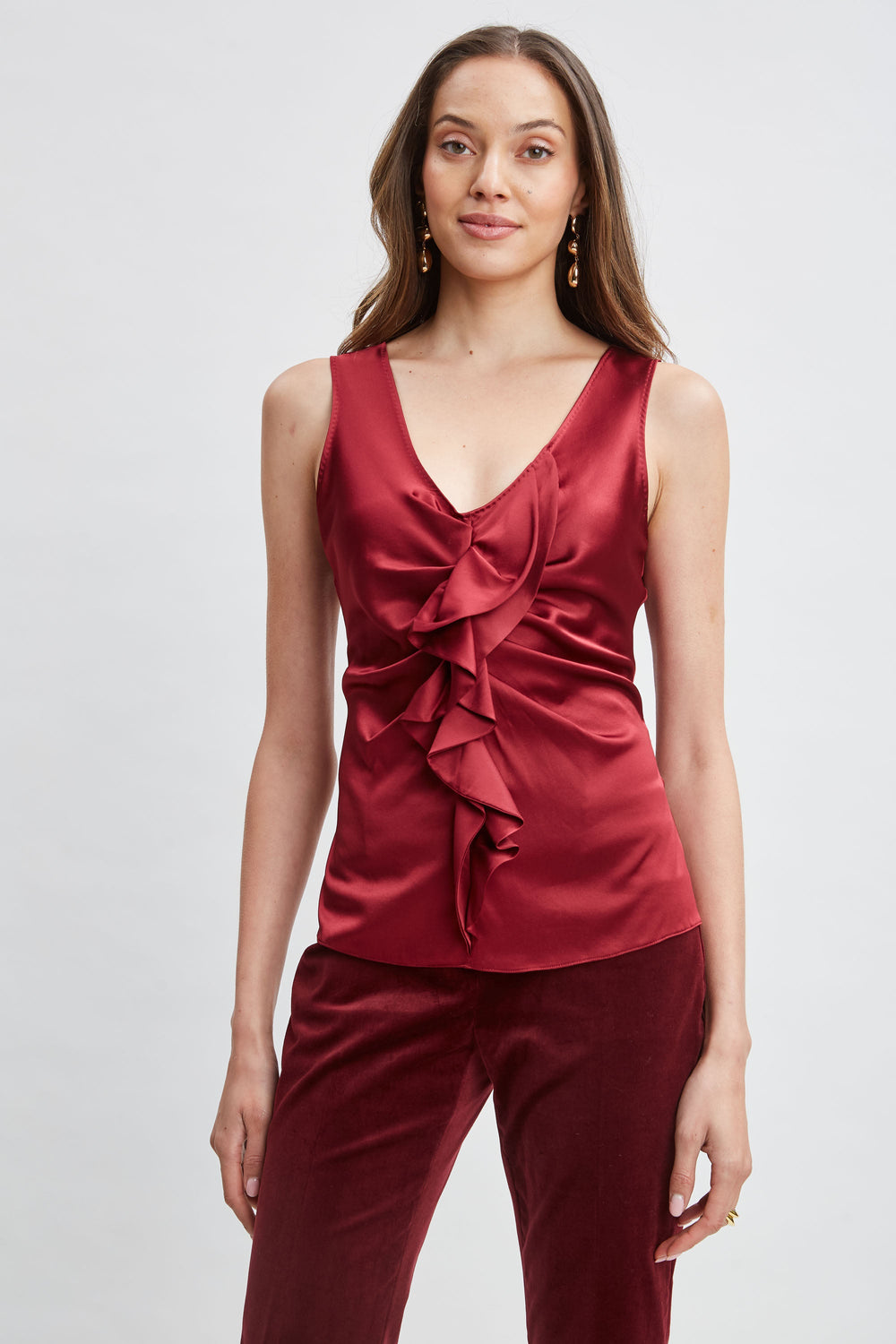 Silk Satin Sleeveless Ruffle Top | Elie Tahari SANGRIA