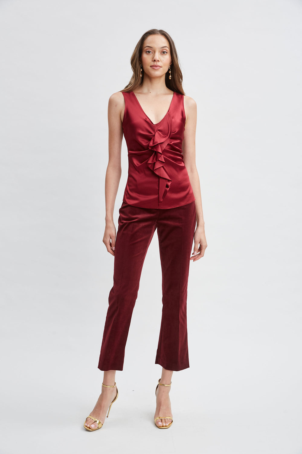 Silk Satin Sleeveless Ruffle Top | Elie Tahari SANGRIA