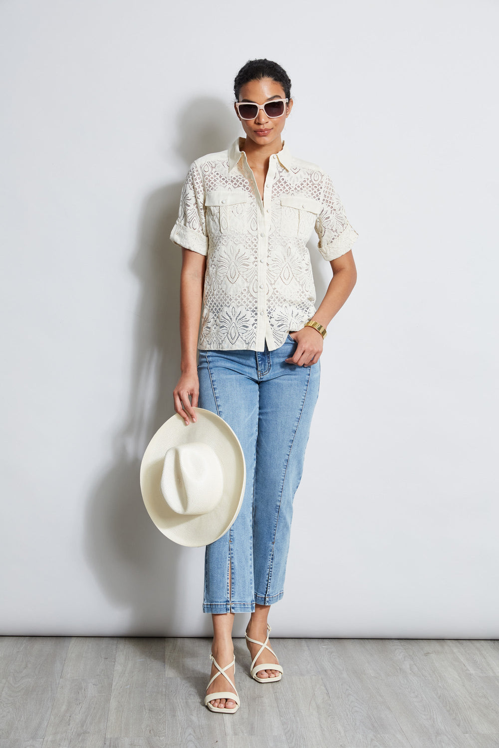 Short Sleeve Lace Utility Shirt | Elie Tahari SAND