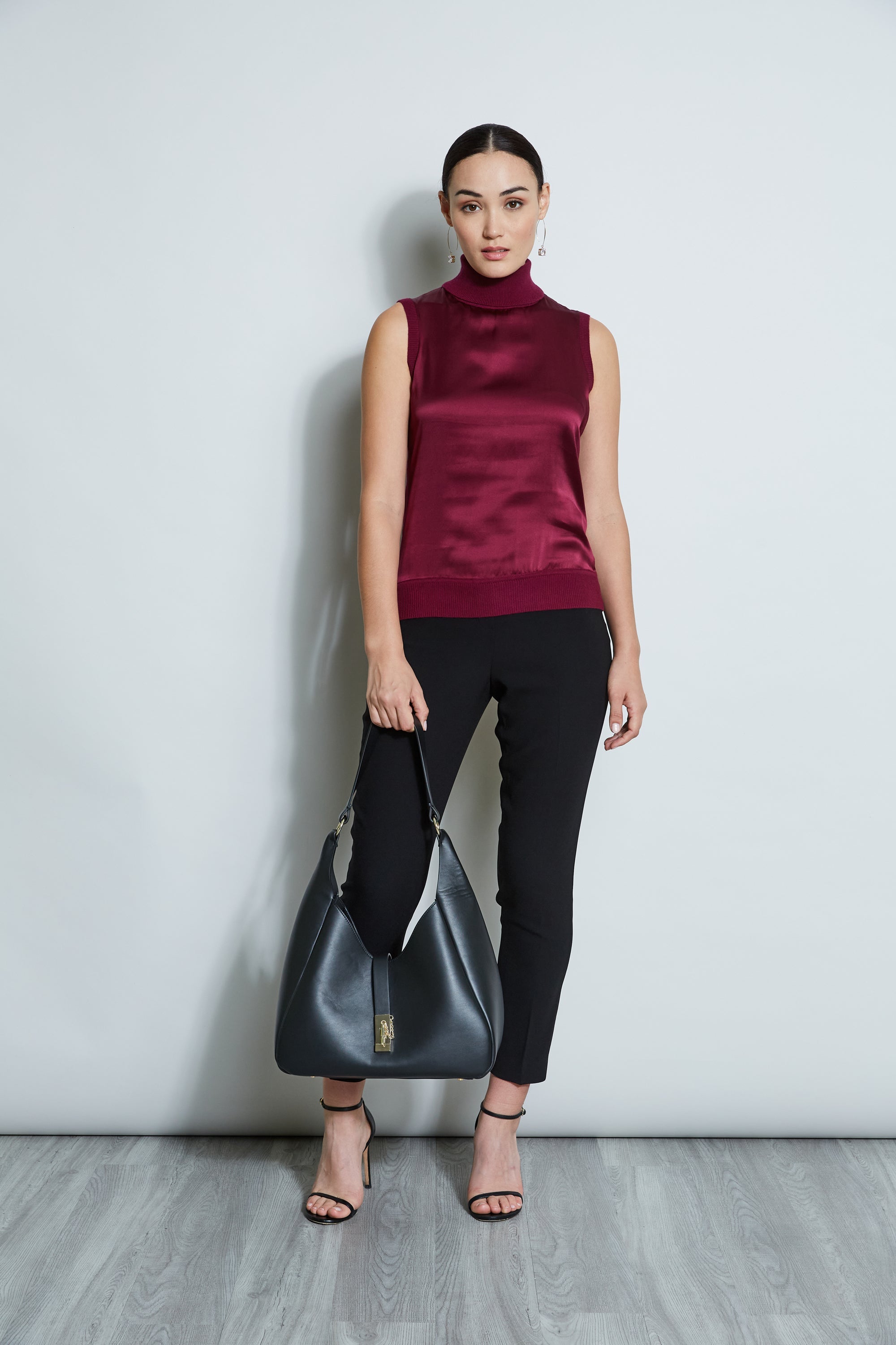 Sleeveless Satin Front Sweater | Elie Tahari BORDEAUX