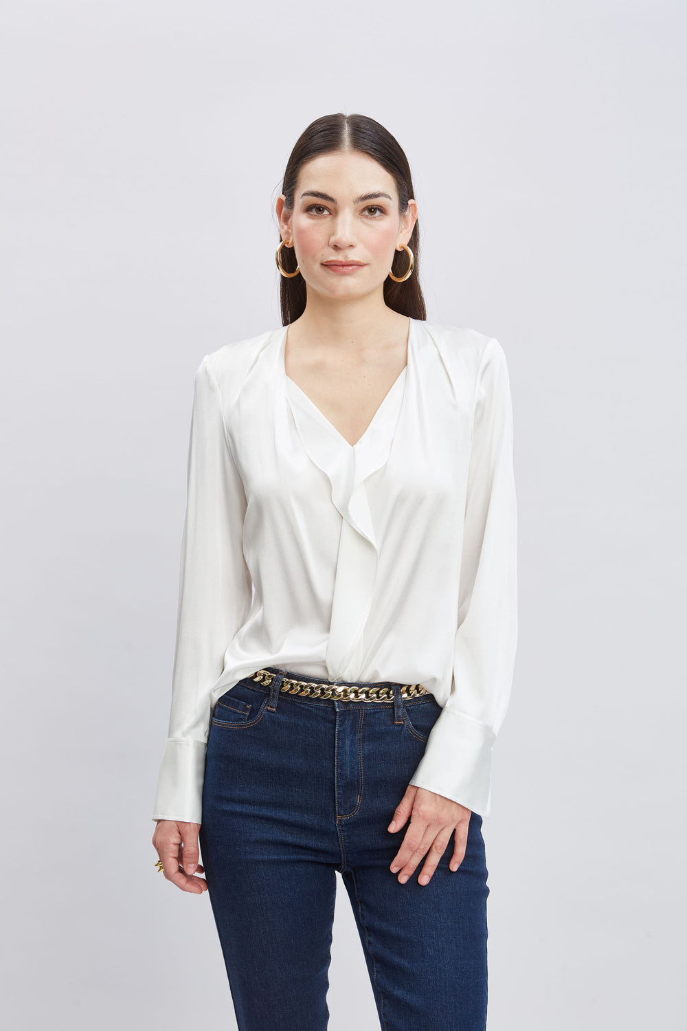 Silk Satin Contour Ruffle Shirt | Elie Tahari FRESH PEARL