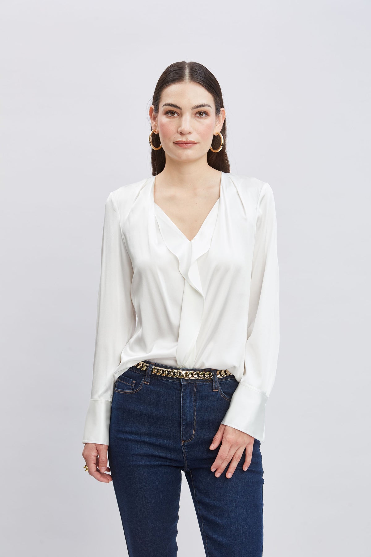 Silk Satin Contour Ruffle Shirt | Elie Tahari FRESH PEARL