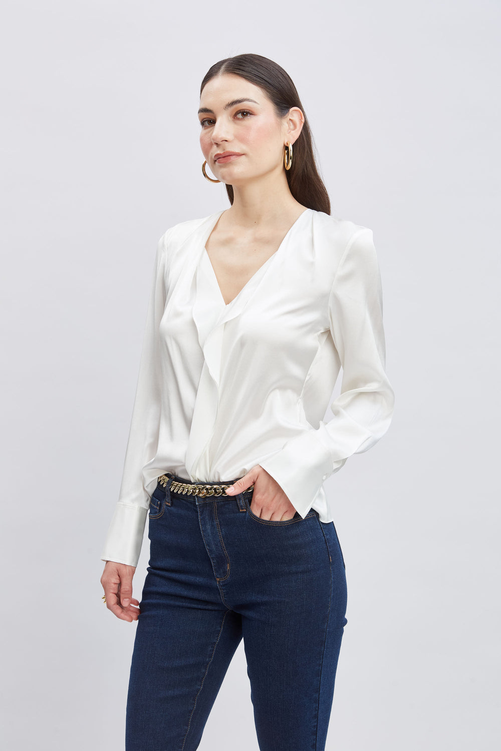 Silk Satin Contour Ruffle Shirt | Elie Tahari FRESH PEARL