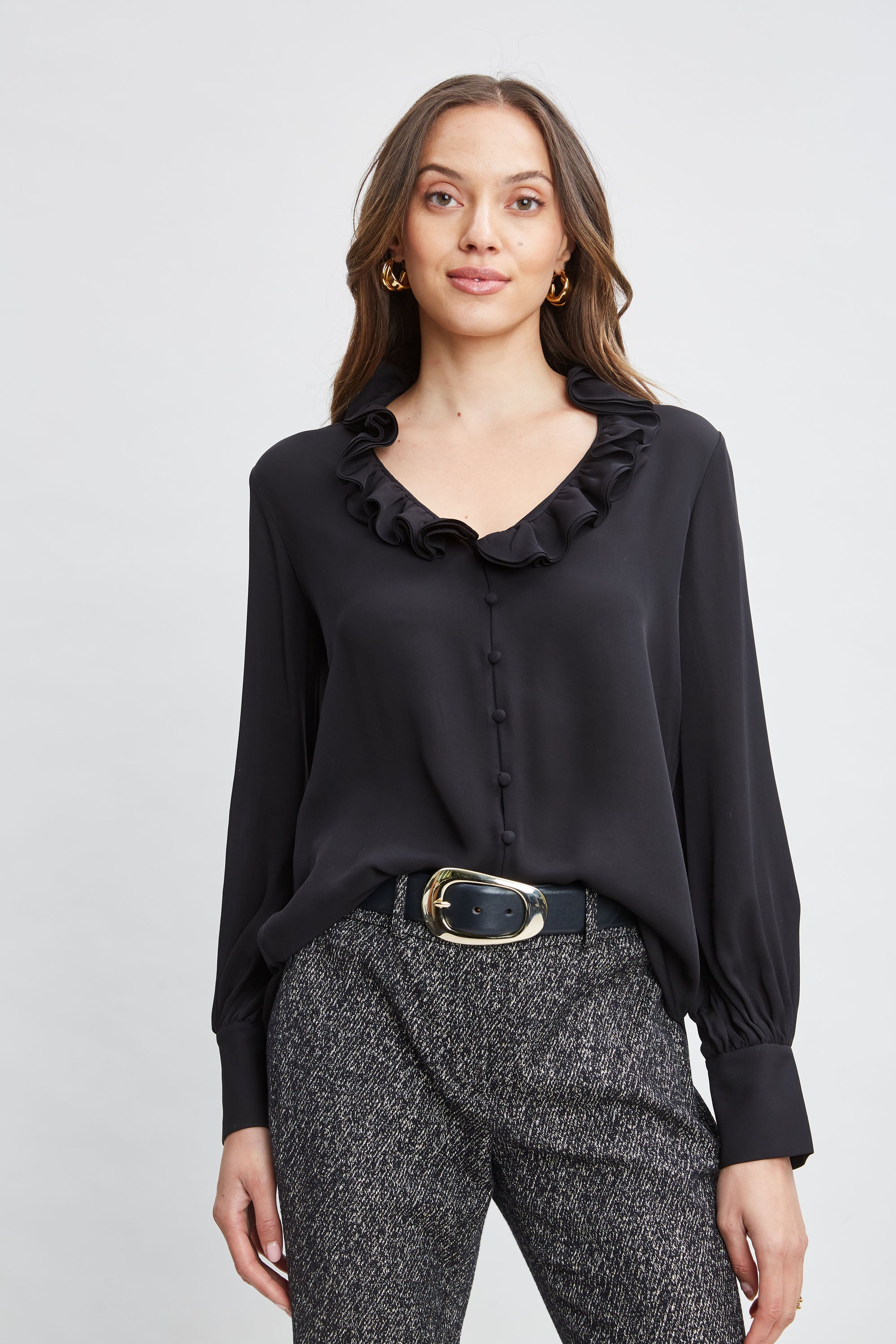Silk Ruffle Neck Shirt | Elie Tahari BLACK
