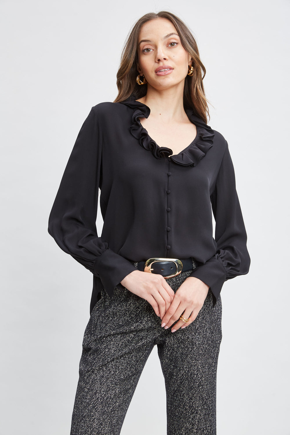 Silk Ruffle Neck Shirt | Elie Tahari BLACK
