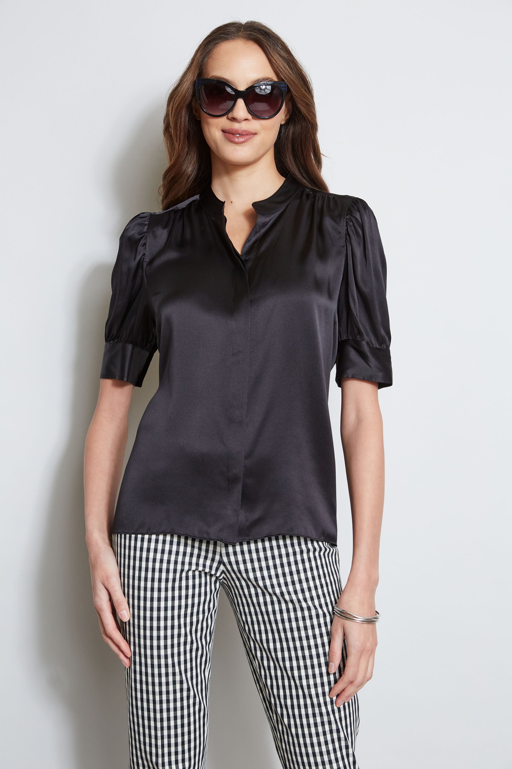 Silk Satin Ruched Sleeve Shirt | Elie Tahari BLACK