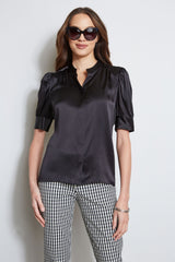 Silk Satin Ruched Sleeve Shirt | Elie Tahari BLACK