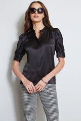 Silk Satin Ruched Sleeve Shirt | Elie Tahari BLACK