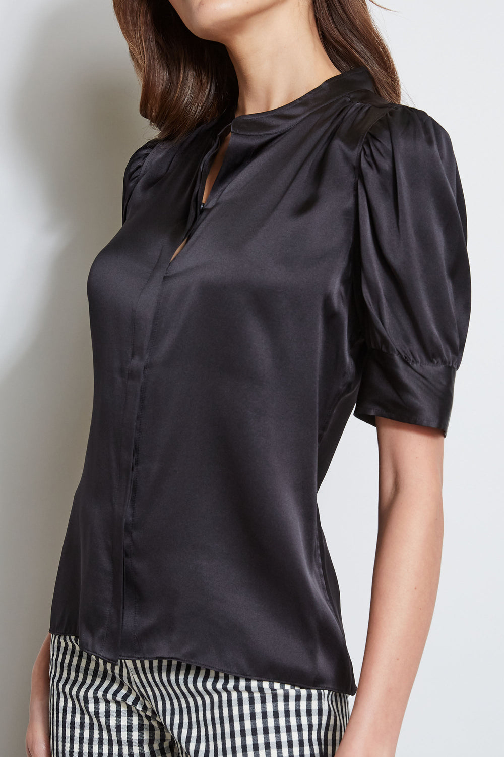 Silk Satin Ruched Sleeve Shirt | Elie Tahari BLACK